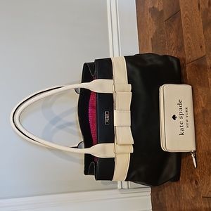 Authenic Kate Spade Large Leather Handbag Black White Shoulder & matching wallet